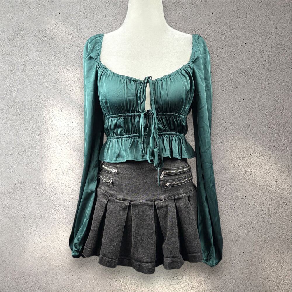 NWT Forever 21 Satin Tie Front Blouse Women's S Green Fairy Princess Cottagecore